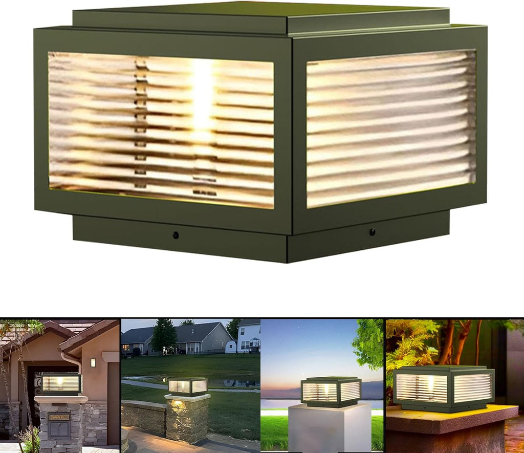 Solar Powered Square Ribbed Glass Outdoor Pier Mount Light – Modern Pillar Post Lantern