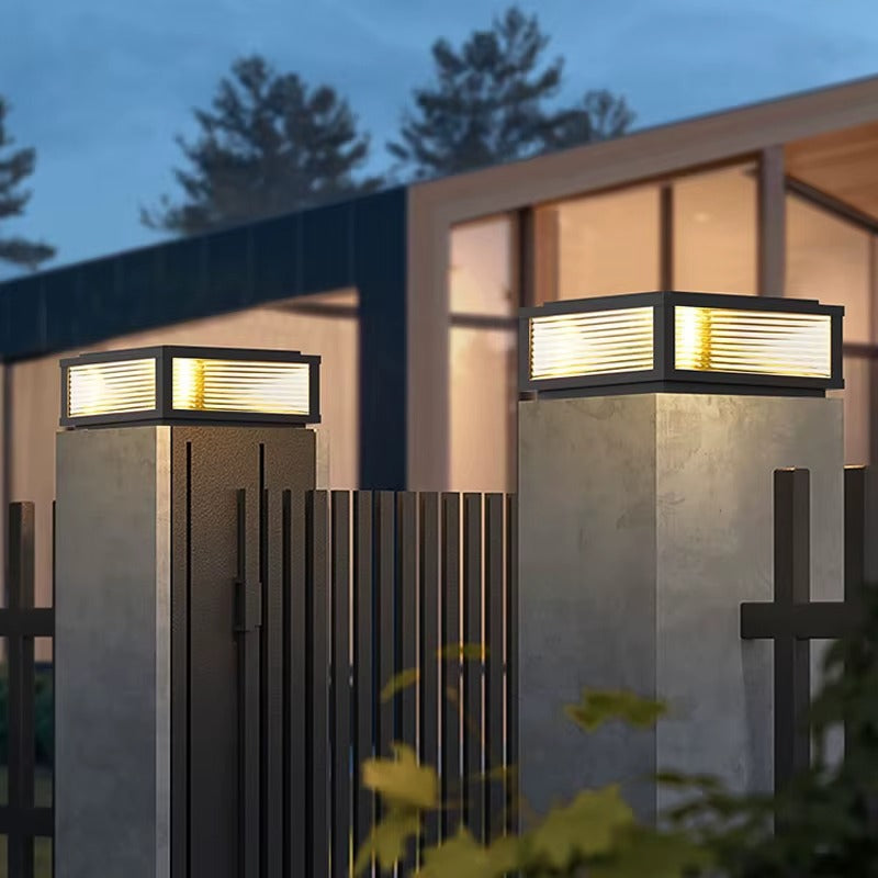 Solar Powered Square Ribbed Glass Outdoor Pier Mount Light – Modern Pillar Post Lantern