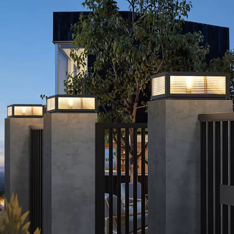 Solar Powered Square Ribbed Glass Outdoor Pier Mount Light – Modern Pillar Post Lantern