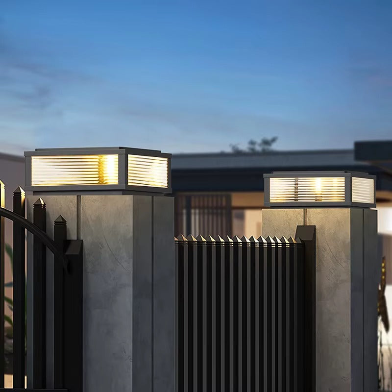 Solar Powered Square Ribbed Glass Outdoor Pier Mount Light – Modern Pillar Post Lantern